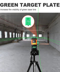 4x360 Degree Laser Level with 16 Line Green Beam in action with green target plate for precise floor tiling in large room