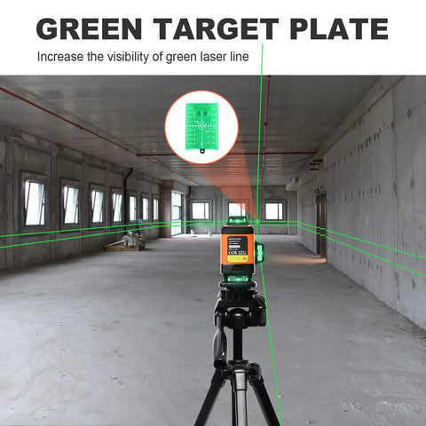 4x360 Degree Laser Level with 16 Line Green Beam in action with green target plate for precise floor tiling in large room