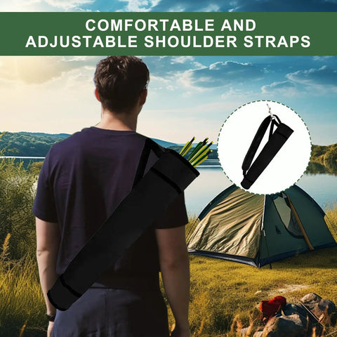 Person wearing Archery Quiver Back And Hip Set With Adjustable Arrow Backpack Holder in an outdoor camping setting.
