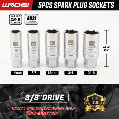 5-piece 3/8 Inch Drive Spark Plug Socket Set SAE and Metric, CR-V steel, for spark plug removal in car repair engines.
