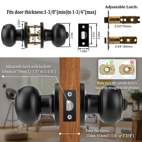 8 Pack Matte Black Privacy Door Knobs With Keyless Interior Lockset, hardware dimensions, adjustable to fit common US backsets