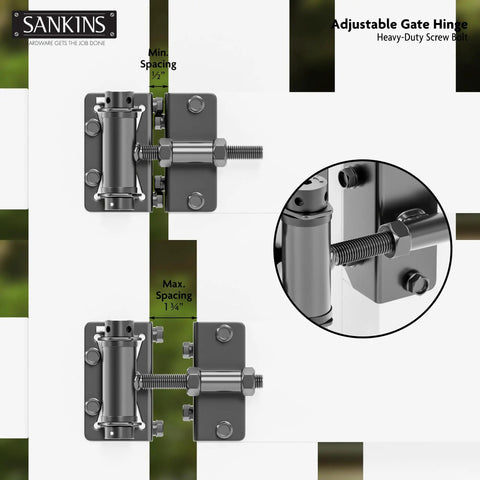 Heavy-Duty Self-Closing Gate Hinges, 90-Degree Adjustable Narrow Gate Hardware For Metal, PVC, Vinyl, And Wood Fences, Corrosion-Resistant Steel With Adjustable Tension, 2-Pack showing spacing settings