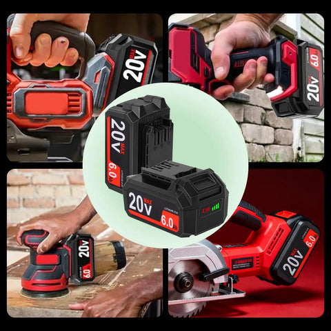 Collage of Two 6.0Ah Lithium Battery Packs For Skil 20V Tools Replacement BY519601 BY519603 BY519702 with power tools