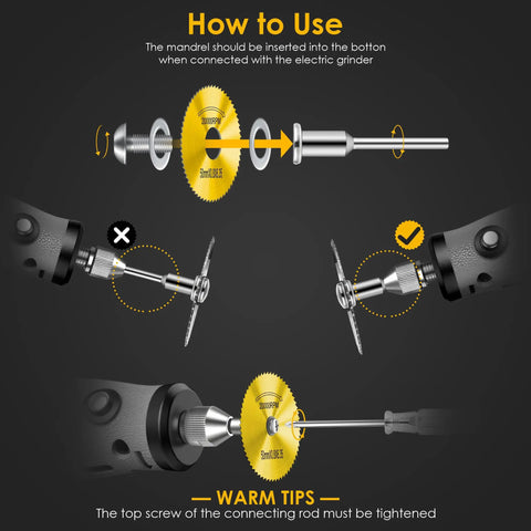 Instructions showing how to attach the Gold Cutting Wheel Set For Rotary Tools With HSS Circular Saw Blades Resin Cutting Discs.
