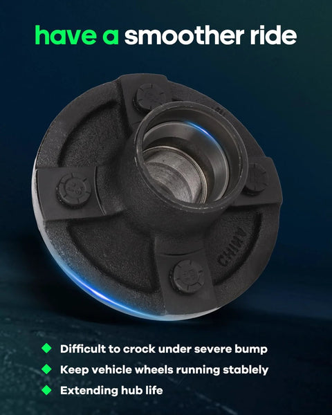 Close-up of SCITOO trailer hub kit with black idler hub, 4-lug pattern, x2 bearings for 2,000 lb boat trailer
