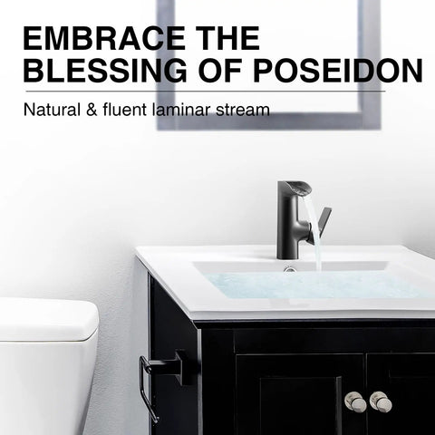 Matte Black Bathroom Faucet With Modern Waterfall Spout installed on a white vanity in contemporary bathroom setting
