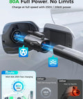 Straight Up Tesla To J1772 Nacs Adapter For Evs Plug And Play 80A Fast Charger with blue LED lights and charging info.