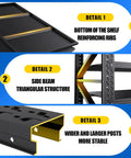 Detail image showcasing Heavy Duty Bulletproof Four Tier Steel Storage Shelves For Garage And Workshop With Wide 79 Inch Base and reinforced ribs and triangular structure.