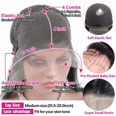 180 Density HD Lace Front Wig 13x4 Glueless Brazilian Virgin Remy Human Hair Deep Wave Frontal With Pre Plucked Baby Hair For Women Natural Black Vibe showing lace front and elastic net