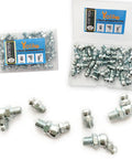 Pro Grade Quarter Inch 28 Thread Grease Fitting Assortment Kit With Straight 45 Degree And 90 Degree Zerk Fittings, Galvanized Steel