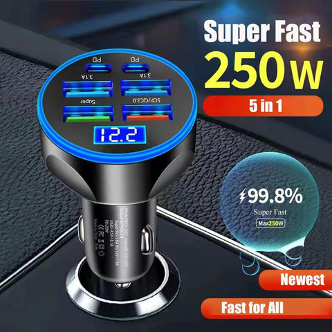 Heavy Duty Plug And Go Usb Car Charger With Live Voltage Tracker And Pd 30W Quick Charge Multiport Adapter showing six USB ports and voltage display.