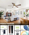 Straight Up Stunning 52 Inch Low Profile Gold Ceiling Fan With Huge LED Light Panel Plus Smart App Remote Control in modern living room.