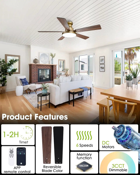 Straight Up Stunning 52 Inch Low Profile Gold Ceiling Fan With Huge LED Light Panel Plus Smart App Remote Control in modern living room.