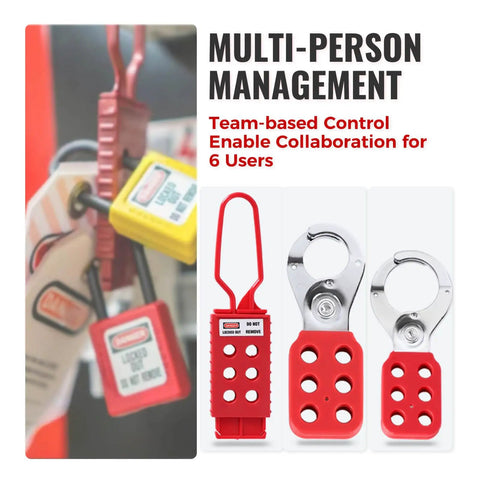 Hard Hat Approved 50 Piece Lockout Tagout Kit Featuring OSHA Compliant Safety Padlocks with red multi-user locks for team control.