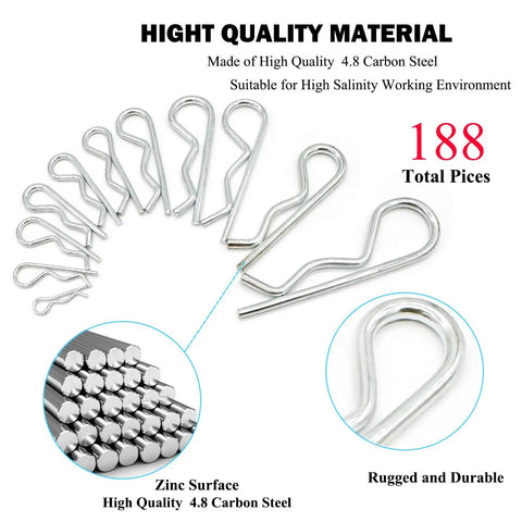 188-Piece Hitch Pin Clip Kit With R Clips And Hair Pin Retaining Pins, 11 Sizes From M1x17 To M3x65, carbon steel material