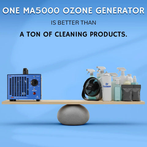 High Capacity Ozone Generator For Odor Elimination In Homes, Cars, And Pets Up To 2000 Sq Ft beside cleaning products on a shelf.