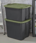 Heavy Duty 17.5 Gallon Plastic Storage Bin With Clear Lid And Full Length Through Wall Handles Gray Opaque Base Stacks Tight 70 Quart Tote For Blankets And Gear, stacked gray bins with green lids