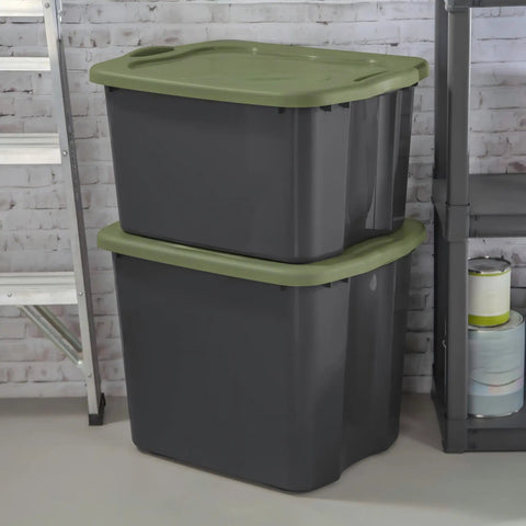 Heavy Duty 17.5 Gallon Plastic Storage Bin With Clear Lid And Full Length Through Wall Handles Gray Opaque Base Stacks Tight 70 Quart Tote For Blankets And Gear, stacked gray bins with green lids