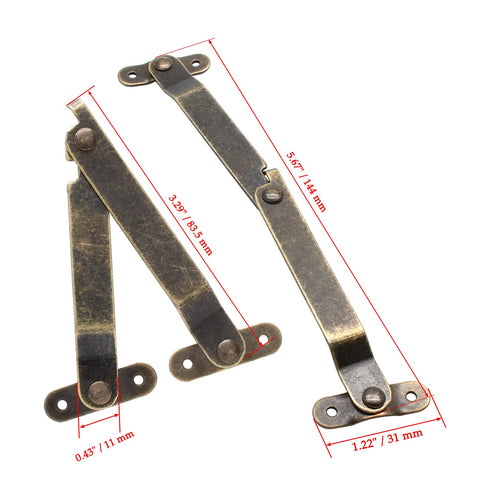 Heavy Duty Antique Brass Lid Support Hinge Pair With Pro Level Mounting Hardware For Retractable Cabinet Doors and Furniture Makeover Hassle Free Assembly dimensions displayed.
