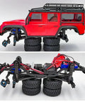 Red 1/18 RC car with 22 piece metal sealed bearing set, visible axles and chassis, emphasizing smooth performance and durability.