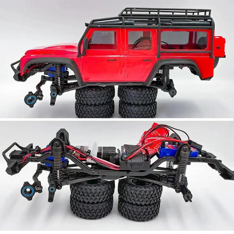 Red 1/18 RC car with 22 piece metal sealed bearing set, visible axles and chassis, emphasizing smooth performance and durability.
