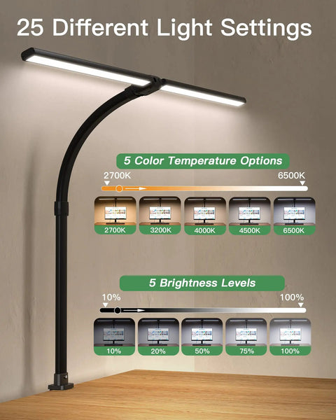 Game-Changing Double Head Desk Lamp With Clamp, 24W LED Engine Delivers 1200 Lumens Of Bright, Eye Caring Light For Home Office