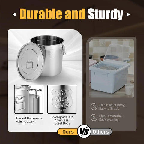 Big Beefy Stainless Steel Airtight Food Storage Bucket With Heavy Duty Locking Clamps featuring polished 304 stainless steel body.