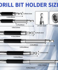 Set of 4 magnetic drill bit holders with telescoping sleeves; 1/4" shank; lengths 3.1", 4.7", 5.5" and extension bar adapter