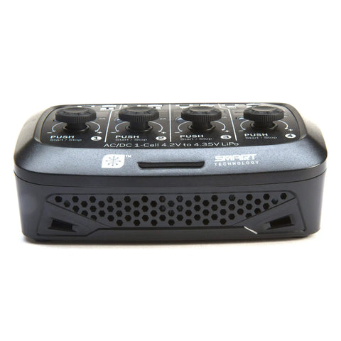 Front view of Smart 4-Port 1S LiPo Charger With Digital LED Display And Independent Output Ports, showing controls and vents