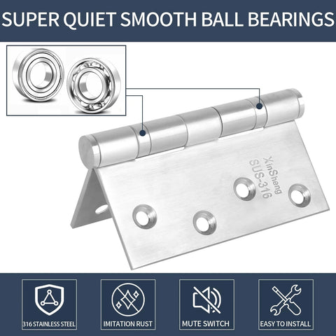 XinSheng 3-pack SUS316 stainless steel door hinges, 4x4 in, ball-bearing, for interior/exterior doors, front view