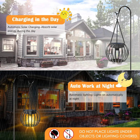Two Pack 15 Inch Outdoor Solar Lantern Lights, Decorative Metal Hanging Lanterns, IP65 Waterproof for Garden Yard and Patio shown in day and night use.