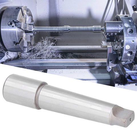 Morse taper arbor sleeve, metal, 19.05mm MT4 to R8 drill adapter for precision machining; lathe in background