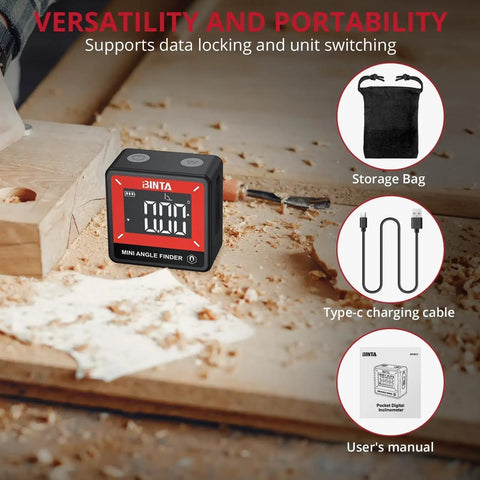 Slick Pocket Sized Digital Angle Finder With Strong Magnet IP54 Waterproof Dustproof Dead On Precision Layout Gauge For Carpentry And DIY No Sweat Compact Measuring Tool with charging cable and storage bag