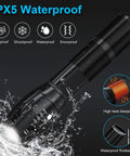 Rechargeable LED Flashlight 12000 Lumens With Chargers And Batteries Included, Waterproof design illustrating IPX5 rating
