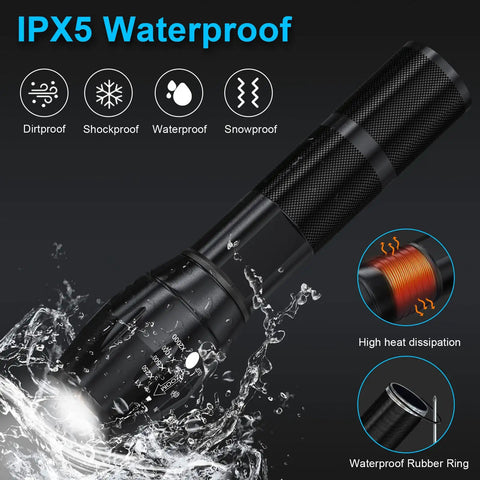 Rechargeable LED Flashlight 12000 Lumens With Chargers And Batteries Included, Waterproof design illustrating IPX5 rating
