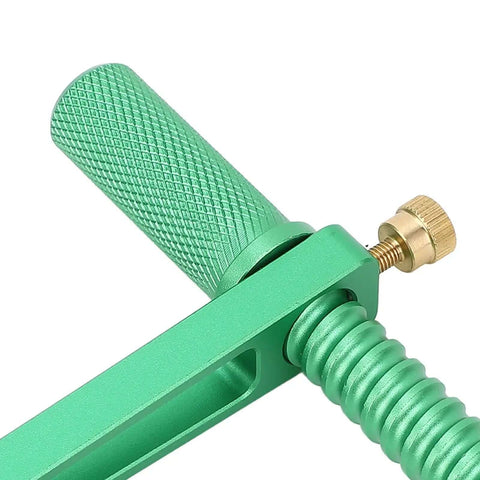 Close-up of Two Pack 20mm Aluminum Bench Dog Woodworking Clamp for handcrafts, showing green aluminum handle and screw detail