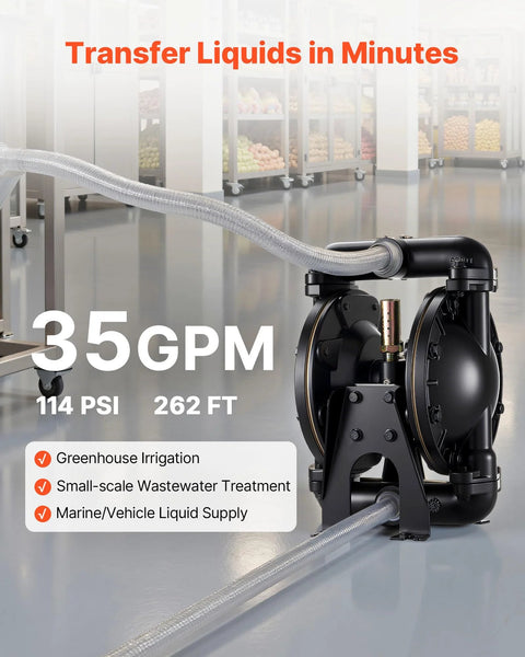 VEVOR air-operated double-diaphragm pump with aluminum alloy body, 1 in inlet/outlet, 35 GPM for diesel and oil transfer