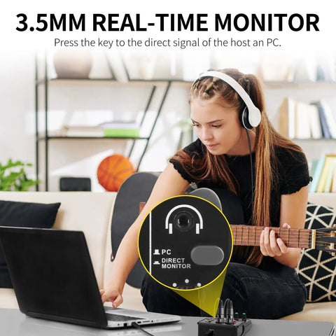 Woman using USB Audio Interface For PC With XLR And 3.5mm Microphone Jack For Home Studio Recording, playing guitar.