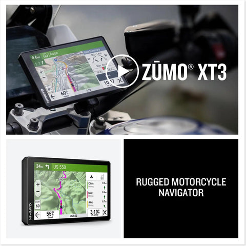 XT3 6 Inch Rugged Motorcycle GPS With Lean Angles And Group Rides mounted on bike with map display