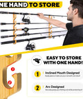 Person using Solid Wood Horizontal Fishing Rod Holder Rack For Garage Wall Or Ceiling Mount Holds Up To 5, 10 Or 20 Rods Or Combos