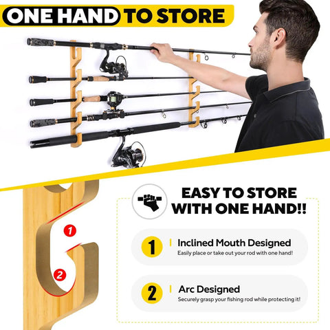 Person using Solid Wood Horizontal Fishing Rod Holder Rack For Garage Wall Or Ceiling Mount Holds Up To 5, 10 Or 20 Rods Or Combos