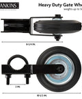 Gate Helper Wheel For 6 Inch Gate Support With Metal Swing Gates Fits 1 To 2 Inch Frames Keeps Your Gate From Dragging On Chain Link Fences Rugged Rubber Tire And Rustproof Steel Black with measurements.