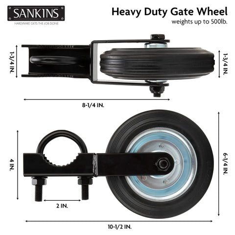 Gate Helper Wheel For 6 Inch Gate Support With Metal Swing Gates Fits 1 To 2 Inch Frames Keeps Your Gate From Dragging On Chain Link Fences Rugged Rubber Tire And Rustproof Steel Black with measurements.