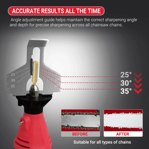 Angle adjustment guide on Electric Chainsaw Sharpening Kit 110V 180W High Speed Chainsaw Sharpener with sharpening before and after chains.