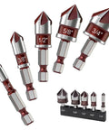 Five Piece Countersink Drill Bit Set With 82 Degree Countersink Pro Grade HSS High Speed Steel Five Flute Design Quick Change One Quarter Inch Hex Shank