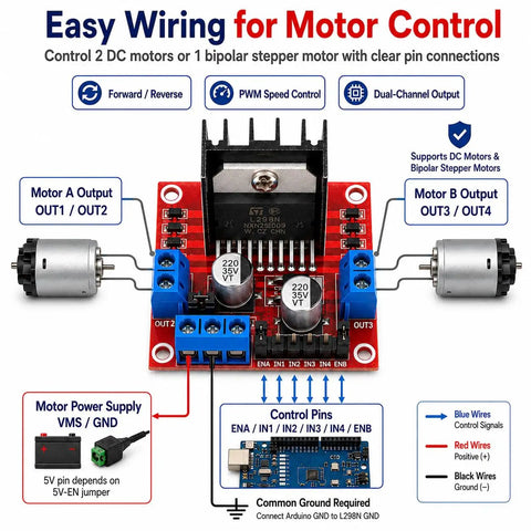 4 Pack Dual H Bridge DC Motor Driver Module For Arduino Uno R3 Mega 2560 Raspberry Pi And DIY Robots Drives Two DC Motors Or One Stepper, wiring diagram