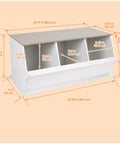 Three Bin Stackable Toy Storage Cubby Organizer For Kids Playroom And Bedroom Expandable Modular Toy Storage System For Toys And Crafts In White Gray Woodgrain dimensions view.