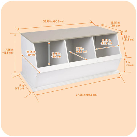 Three Bin Stackable Toy Storage Cubby Organizer For Kids Playroom And Bedroom Expandable Modular Toy Storage System For Toys And Crafts In White Gray Woodgrain dimensions view.