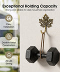 Legit Vintage Maple Leaf Wall Hooks Gold Finish Heavy Duty Decorative Rack Built Tough For Coats And Keys Straight Up Farmhouse Home Organization Two Pack with dumbbells hanging.