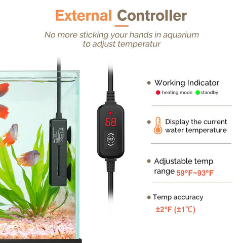 Aquarium with Mini Fish Tank Submersible Heater 20W For 1 To 5 Gallons With Digital Display Controller, showing external features.